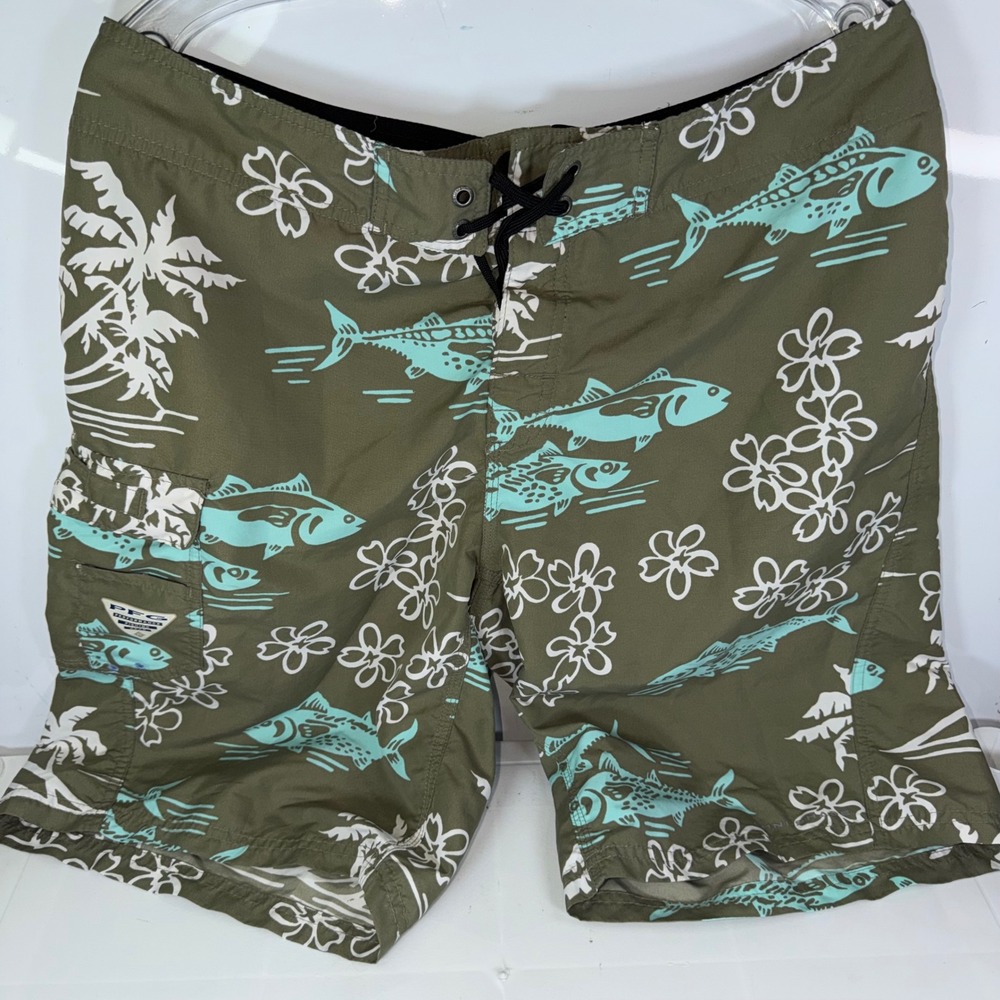 Mens Columbia PFG Fish Floral Board Shorts Swim Trunks‎ Size XL Green Aqua